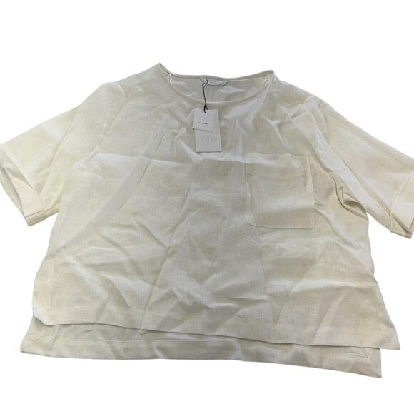 Zara Shirt Womens Large White 100% Linen Short Sleeve Boxy Pocket Crewneck Top - Picture 1 of 7